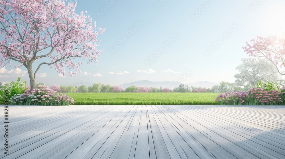 Wall mural a beautiful scene of a wooded area with a large tree in the foreground