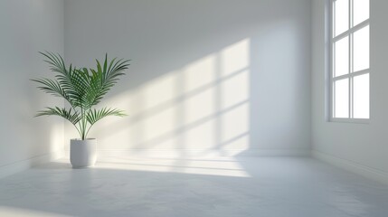 A white room with a large window and a potted plant