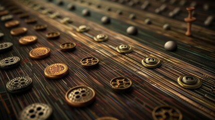 A close-up shot of a wooden surface with rows of metal buttons, arranged in a regular pattern