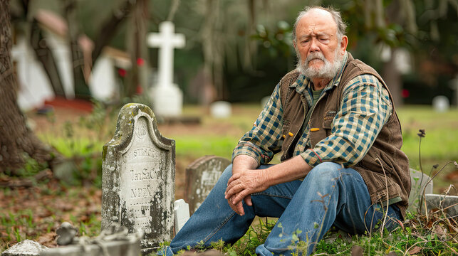 Christian Man Crying Next to Grave with Headstone, Mourning Deceased Relative, Emotional Cemetery Scene, Grieving Family Member, Religious Mourning, Funeral Sadness, Loss and Remembrance
