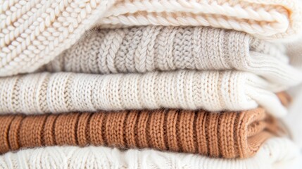 A stack of soft, white and brown knit sweaters, with different textures and patterns