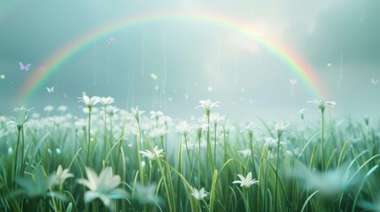 Naklejka premium A field of white flowers with a rainbow in the background