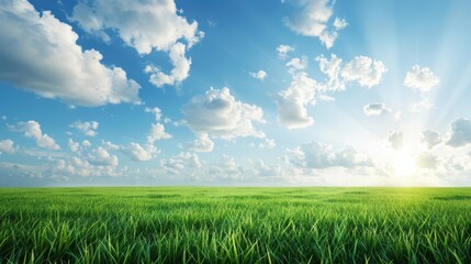 Obraz premium A field of grass with a bright blue sky and a few clouds