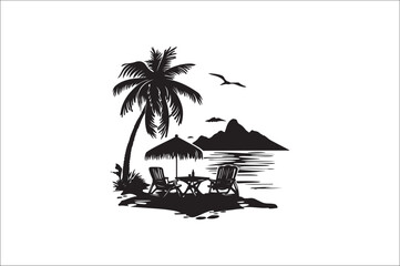 Beach Sulhouette vector illustration on white background. 