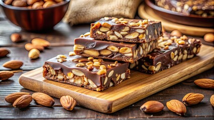 Fototapeta premium Close-up of homemade chocolate nut bars with almonds in a cozy kitchen setting, healthy snack, homemade, chocolate