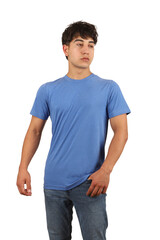 Obraz premium Youth man wearing blank t-shirt on white background, mockup tee closeup. Heather true royal blue color tshirt. Mockup for design, isolated background.