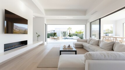 A large white living room with a fireplace, a flat screen TV