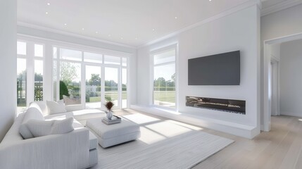 A large living room with a white couch, a white coffee table