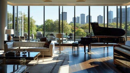 Fototapeta premium A sophisticated living room with floor-to-ceiling windows, a grand piano, and elegant, contemporary furnishings.
