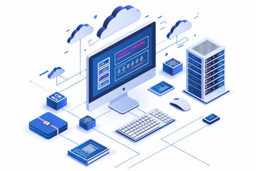 A computer monitor with a cloud and connected devices around it, on a white background