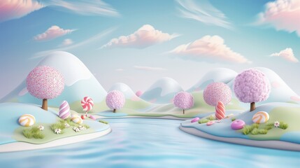 A cartoonish landscape with a river and trees