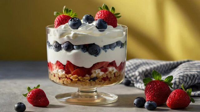 Parfait with layers of yogurt, granola, strawberries, and blueberries in a glass