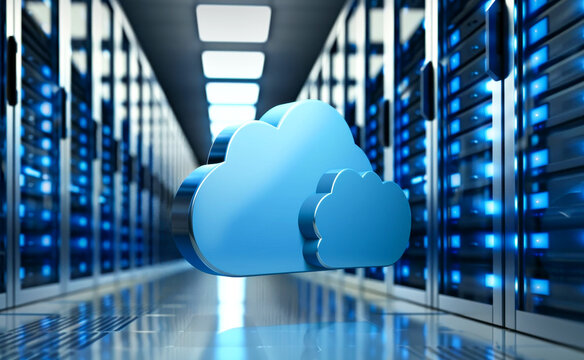 A cloud symbol in a large room with many servers