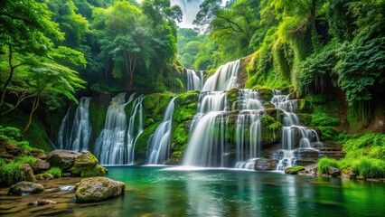 Obraz premium Beautiful waterfall cascading through lush green forest scenery, waterfall, forest, nature, serene, landscape, peaceful, tranquil