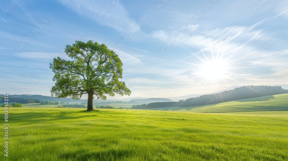 Wall mural a large tree stands in a lush green field with a bright sun shining down on it