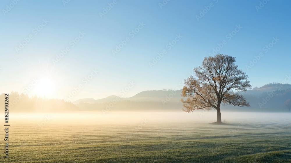 Wall mural a tree stands in a field with a cloudy sky in the background
