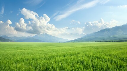 Fototapeta premium A large, open field with a clear blue sky and fluffy clouds
