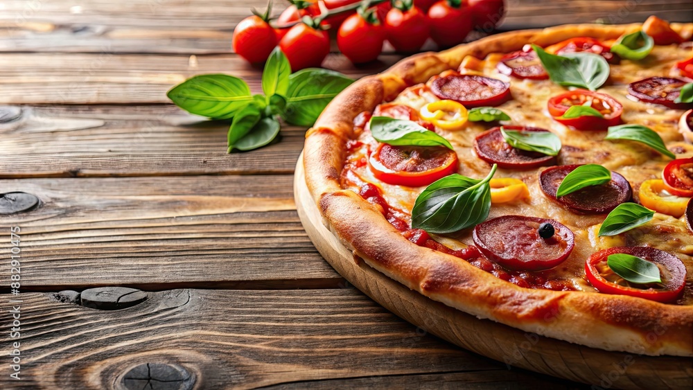 Canvas Prints Close-up of a delicious pizza resting on a wooden table , pizza, food, table, Italian, meal, tasty, cheese, delicious, crust