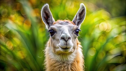 Close-up of a llama's face with blurred greenery in background, llama, face, animal, close-up, nature, greenery, furry