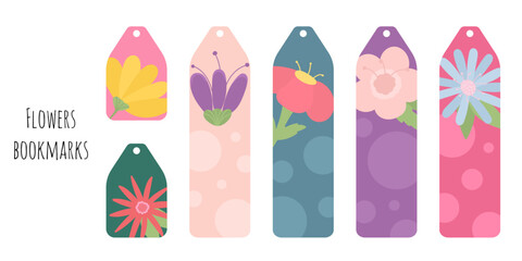 Set of 6 colorful bookmarks with decorative hand draw flowers. Flat style botanical illustration. Colorful cute kids bookmark templates for reading. Isolated on white background.