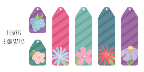 Set of 6 colorful bookmarks with decorative hand draw flowers. Flat style botanical illustration. Colorful cute kids bookmark templates for reading. Isolated on white background.	