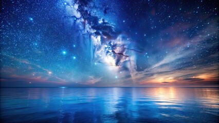 Obraz premium Beautiful sea view under the starry sky, ocean, night, stars, horizon, peaceful, tranquil, nature, scenery, dusk, twilight