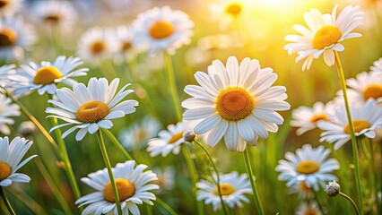 Fototapeta premium Close-up of blooming daisies in a beautiful chamomile field, daisies, flowers, blooming, close-up, nature, petals, white