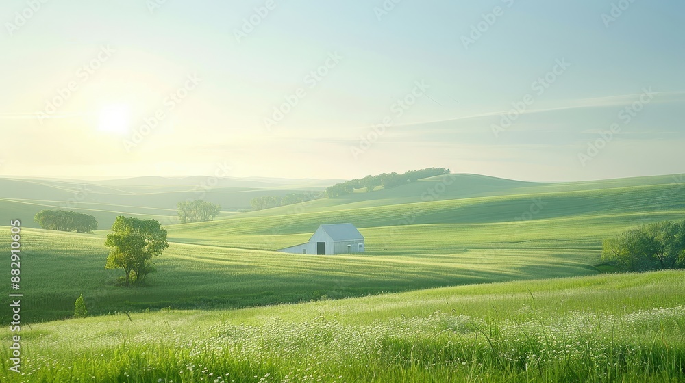 Canvas Prints a large, empty field with a white house in the middle