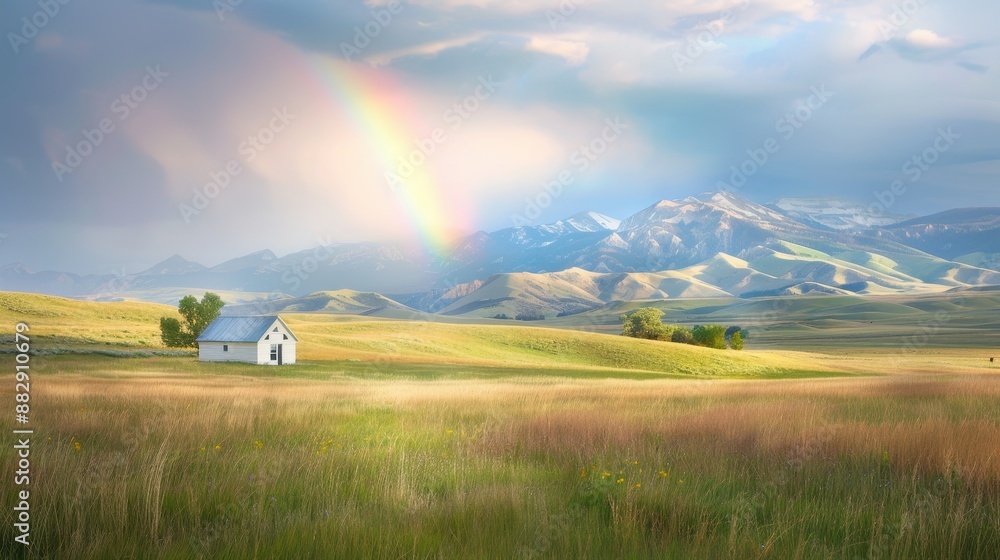 Wall mural a rainbow is seen in the sky above a small house in a field