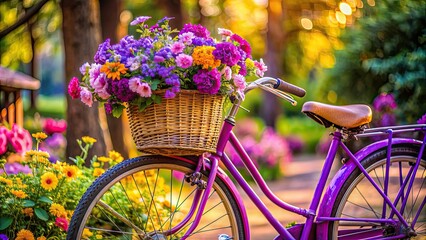 Beautiful purple bicycle adorned with colorful flowers , bicycle, purple, flowers, beautiful, nature, colorful, vintage