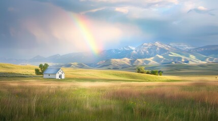 A rainbow is seen in the sky above a small house in a field