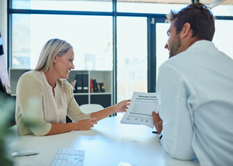 Naklejka premium Hospital, doctor and people with paper in consultation for healthy eating, benefits or diet plan. Dietician, patient and discussion with nutrition facts on document for calorie intake, advice or help