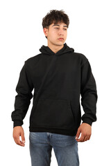 Fototapeta premium Youth man wearing blank hoodie on white background, closeup. Black color hoodie. Mockup for design, isolated background.