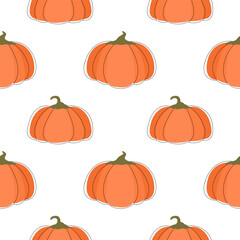 Square seamless pattern with cute orange pumpkins. Autumn pattern with pumpkin harvest. Pumpkins in flat style with outline. Pattern on changeable white background for design, fabric, wrapping paper. 