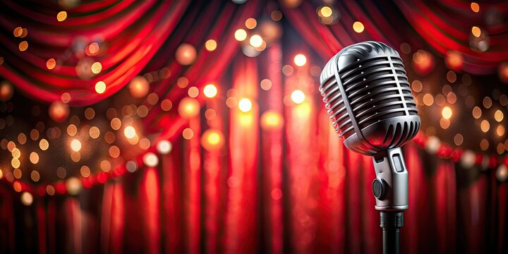 Close up of stage microphone with red curtains and bokeh background at theatre cabaret comedy show or opera music concert