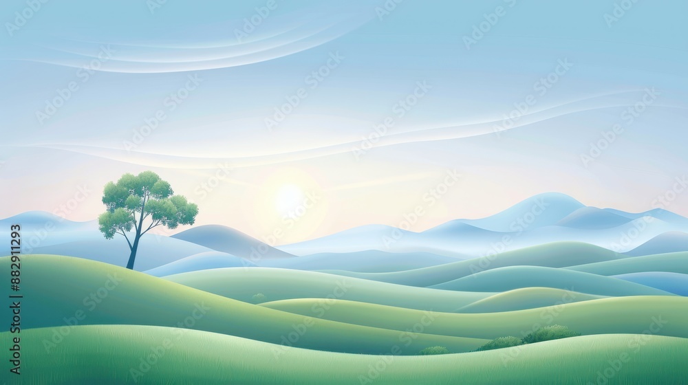 Canvas Prints a tree is standing in a grassy field with a beautiful blue sky in the background