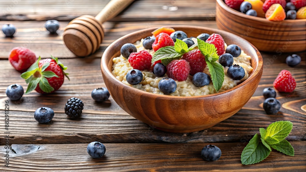 Canvas Prints Bowl of oatmeal topped with fresh berries and honey on wooden table, oatmeal, berries, honey, breakfast, healthy, food, meal