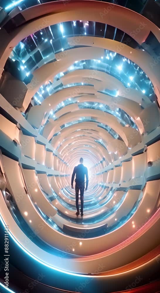 Poster camera moves inside spiral futuristic tunnel of circles with trees in the sky background vertical vi