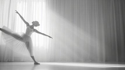 A woman in a white tutu is dancing in front of a curtain