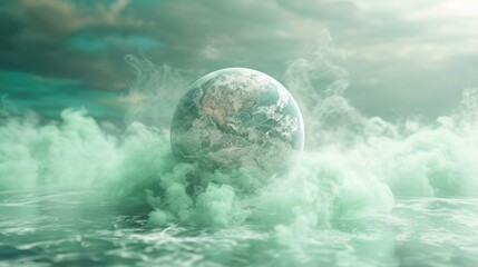 An image of the globe surrounded by green haze and clouds, symbolizing World Environment Day, protection of the ozone layer and Earth Day.