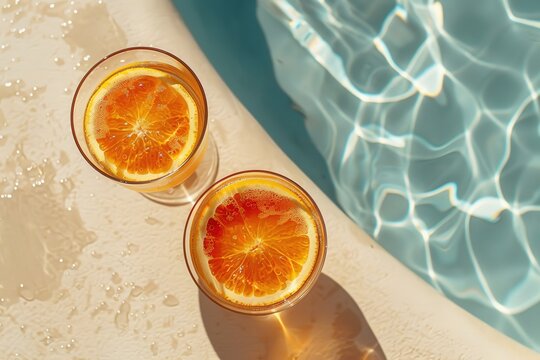 Refreshing orange drinks by poolside with sunlight and shadows