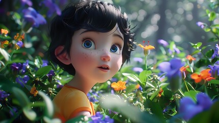 A girl in a forest full of brightly colored flowers.