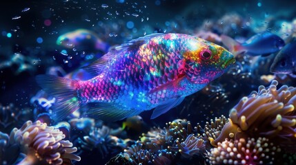 Fototapeta premium Vibrant Tropical Fish Swimming Among Colorful Coral Reefs in a Luminous Underwater Scene