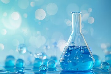 A laboratory flask with blue liquid inside, surrounded by small water bubbles, set against a bright background, digital art