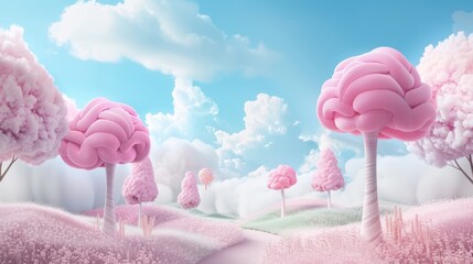 A pink forest with trees that look like brains