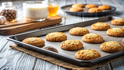 Close-up of homemade cookies on a baking tray with ingredients in the background, homemade, cookies, baking, activity