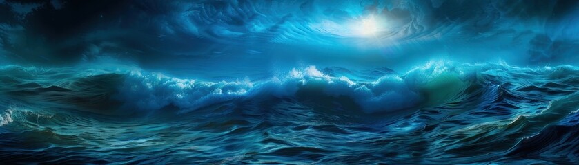 Majestic Ocean Waves Under Moonlit Sky with Dramatic Clouds and Deep Blue Waters