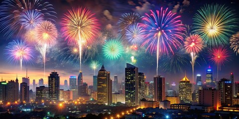 Cityscape with colorful fireworks show in the night sky, urban, skyline, city, night, lights, festival, celebration
