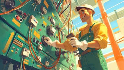 Professional electrician man working diligently in a switchboard, illustrated in a charming children's book style. Perfect for cartoon or comic art projects showcasing hardworking themes.