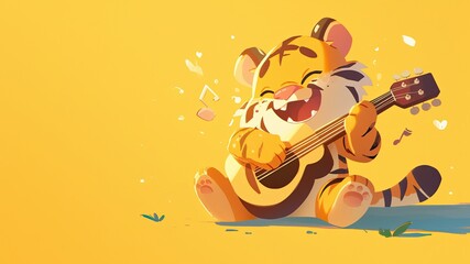 Adorable cartoon tiger smiling and playing the guitar against a vibrant yellow background. Perfect for children's book illustrations, posters, and playful designs with ample copy space.